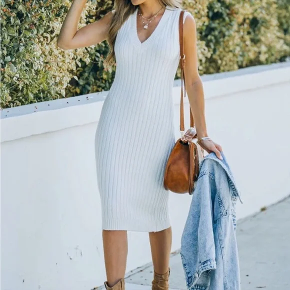 Koko + Mason | Dresses | White Cream Ribbed Knit Midi Dress | Poshmark